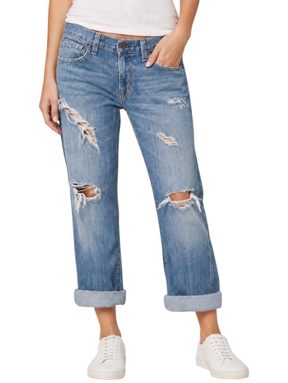 Current Elliott Boyfriend Jeans Distressed Cropped Medium Wash Size 25